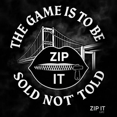 Text graphic featuring a zipper-lip design with the phrase "The game is to be sold not told."