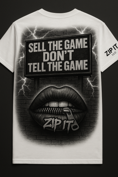 White t-shirt featuring graphic text "SELL THE GAME DON'T TELL THE GAME" above lips with "ZAP IT" logo.