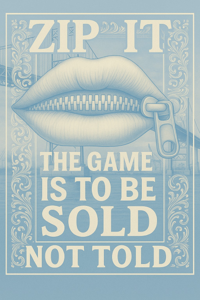 Light blue poster with text: "ZIP IT" and "THE GAME IS TO BE SOLD NOT TOLD" with a zipper graphic.